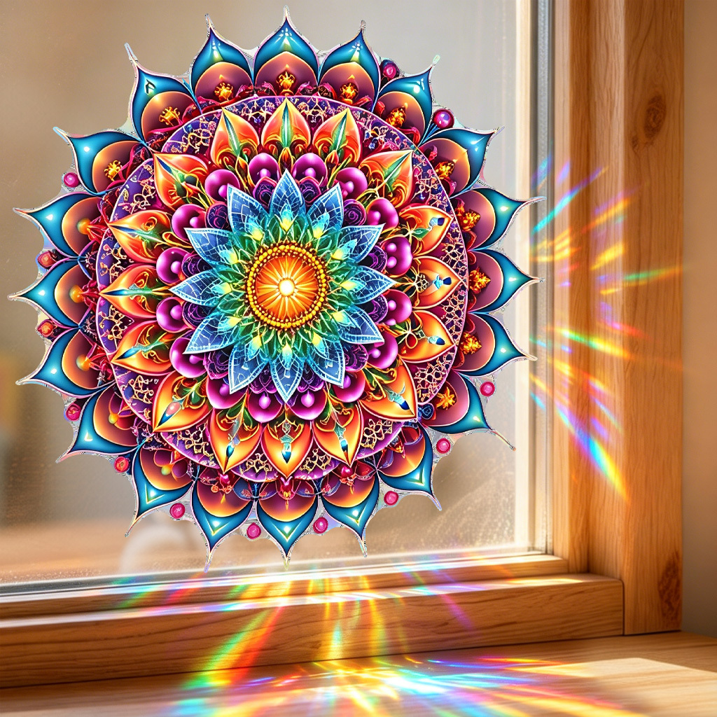 Image of 1pc Artistic Light Luxury Colorful Mandala Pattern Decorative Glass Stickers, Suitable For Home Decoration, Glass Decoration, Ambiance Decoration, Electrostatic Adsorption, Reusable Glass Stickers