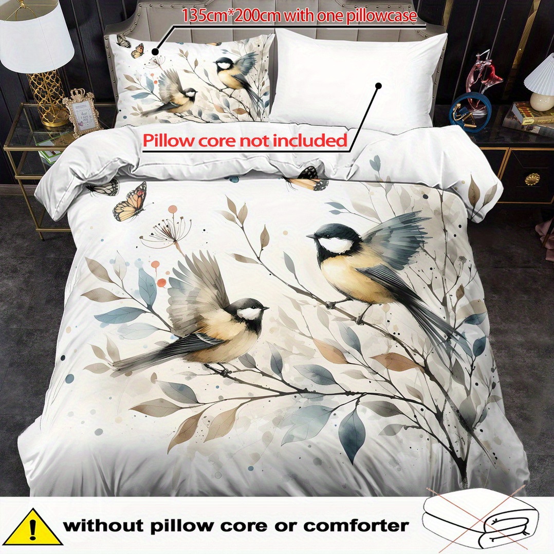 TEMU Quilt Cover Set 2/ 3pcs, Plants, Cute Birds And Butterflies Print Duvet Cover Set, King Bedding, Polyester Machine Washable, Quilt Decoration,