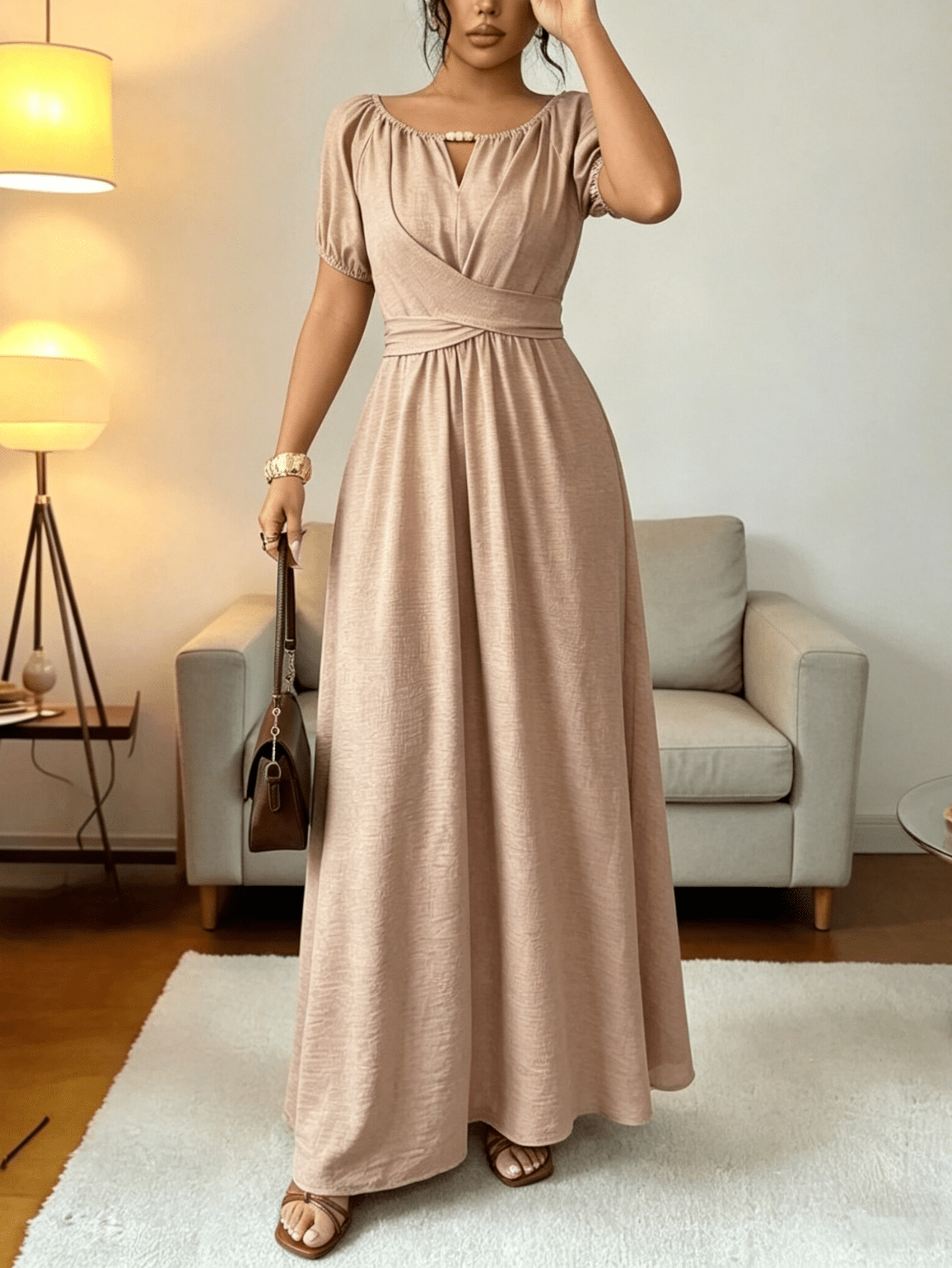 Women'S Keyhole Neck Puff Sleeve Maxi Dress, Solid Beige Cross Wrap Waist  A-Line Dress, Casual Vacation Wedding Guest Summer Dress 2026