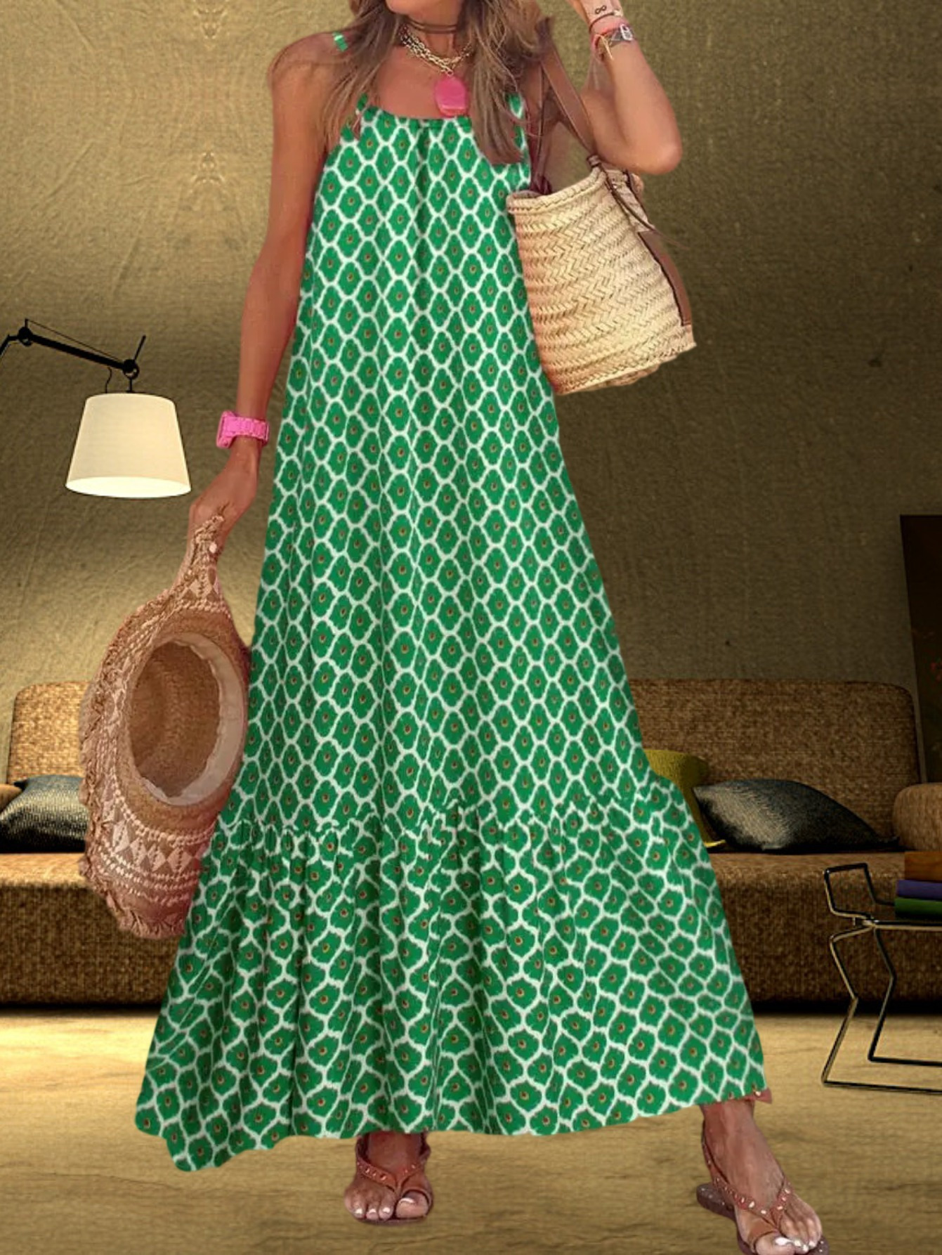 Plus Size - Plus Size - * And * for Western Markets Featuring Plus-Size  Polka Dot Printed Long Dresses with Thin Shoulder Straps, Sleeveless And  Off-Shoulder Design * Casual Beach * Dates, And ...