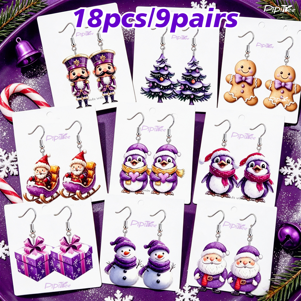 TEMU 18pcs/9 Pairs Christmas Purple Earring Set, Christmas Jewelry Gift, Penguin/christmas Tree/gingerbread For Man Pendant Earrings, Women's Jewelry