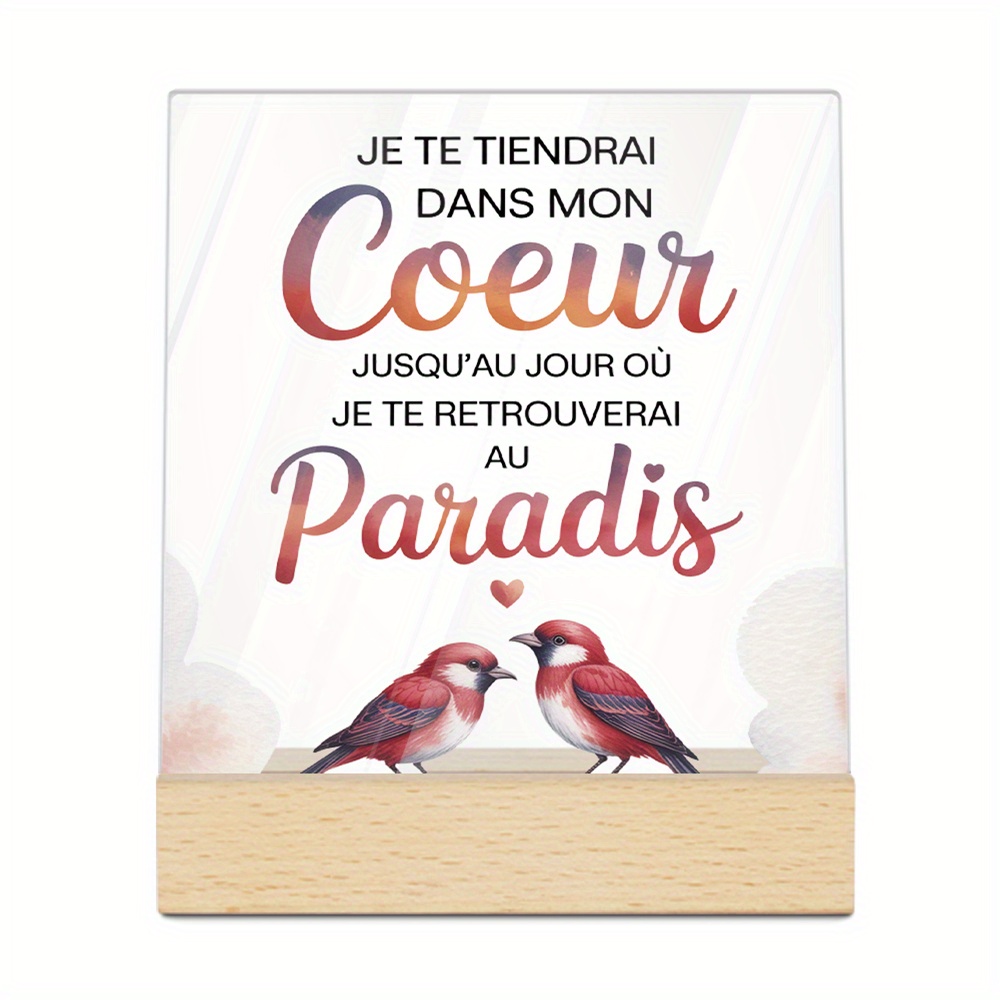 TEMU Décoration Putuo Plate 2D 1pc Panneau Acrylique Français Base en Bois Décoration de Table, Je Te Tiendrai Dans , Décoration de Bureau pour Ami