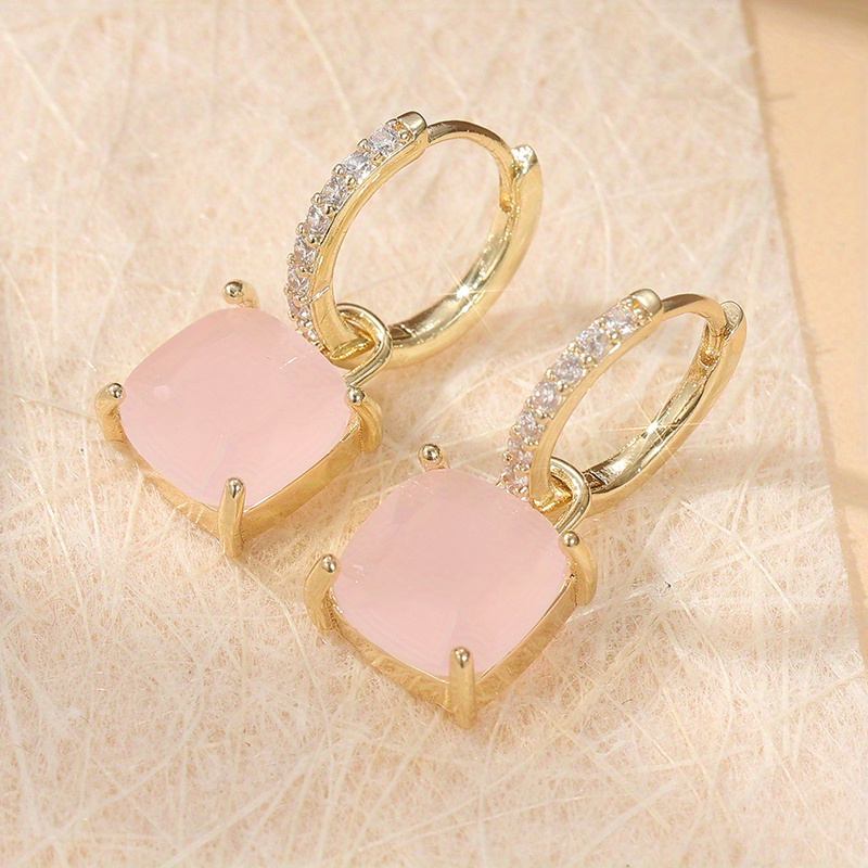 Image of Fashionable And Luxurious Pink Square Women's Pendant Earrings, With Shiny Synthetic Zirconia, Elegant Jewelry Additions For Festivals, Weddings And Banquets. For