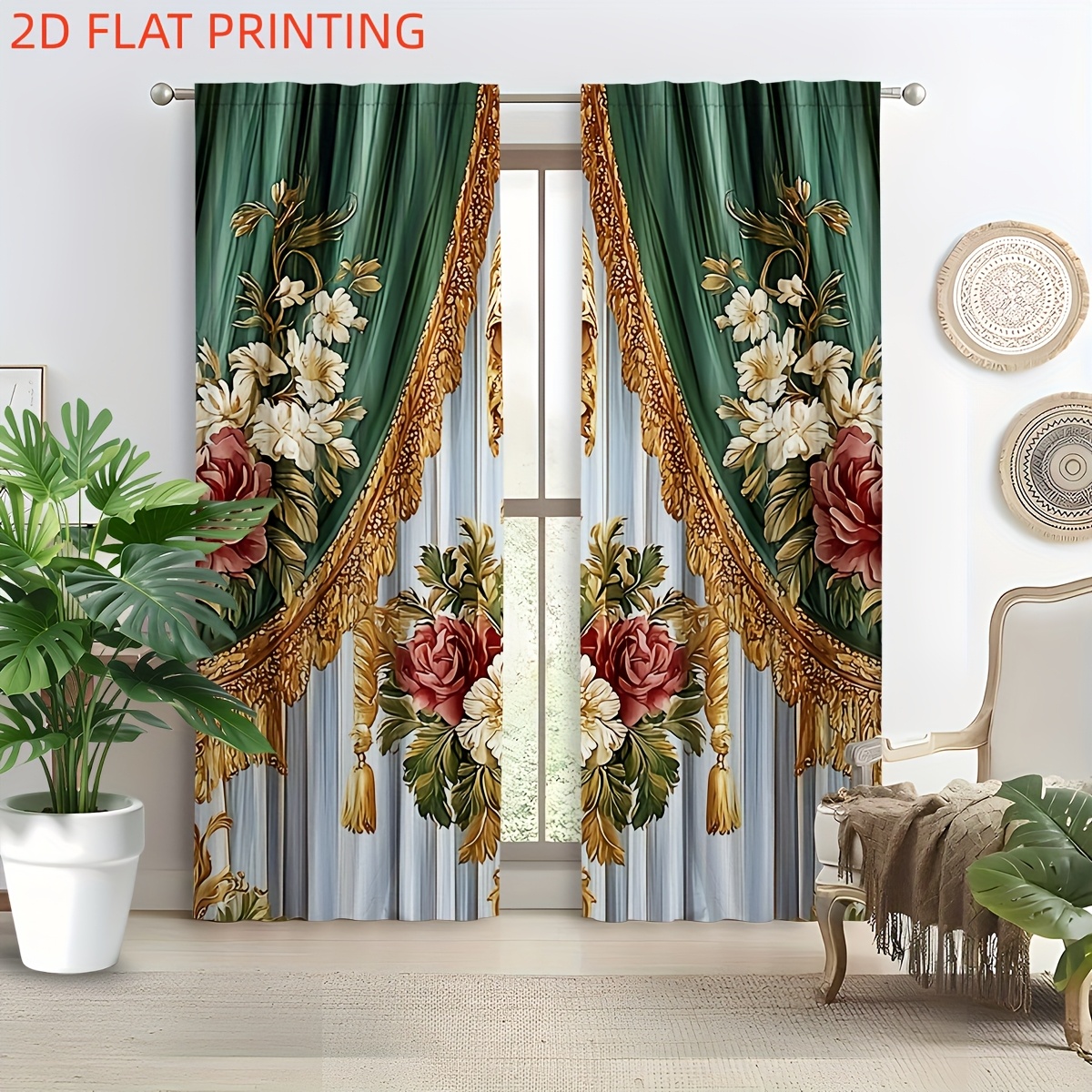 TEMU 2d Flat, 2d Flat- 2d Flat- 2d Printing 2pcs Set Elegant Polyester Curtains, Green And Golden | Style, Filters Light, The Rod Pocket To Hang,