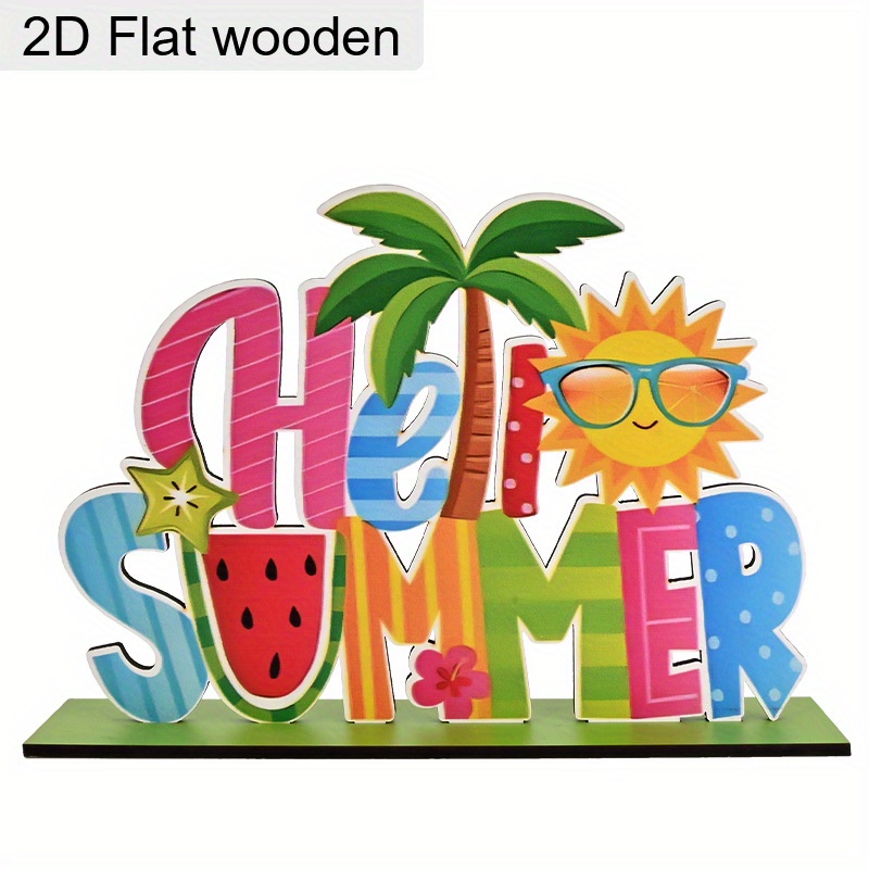 TEMU 1pc Wooden "hello Summer" Table Sign, Colorful Beach & Watermelon Print Decorative Plaque, Tropical Desk/shelf Ornament, Summer For Home & Party