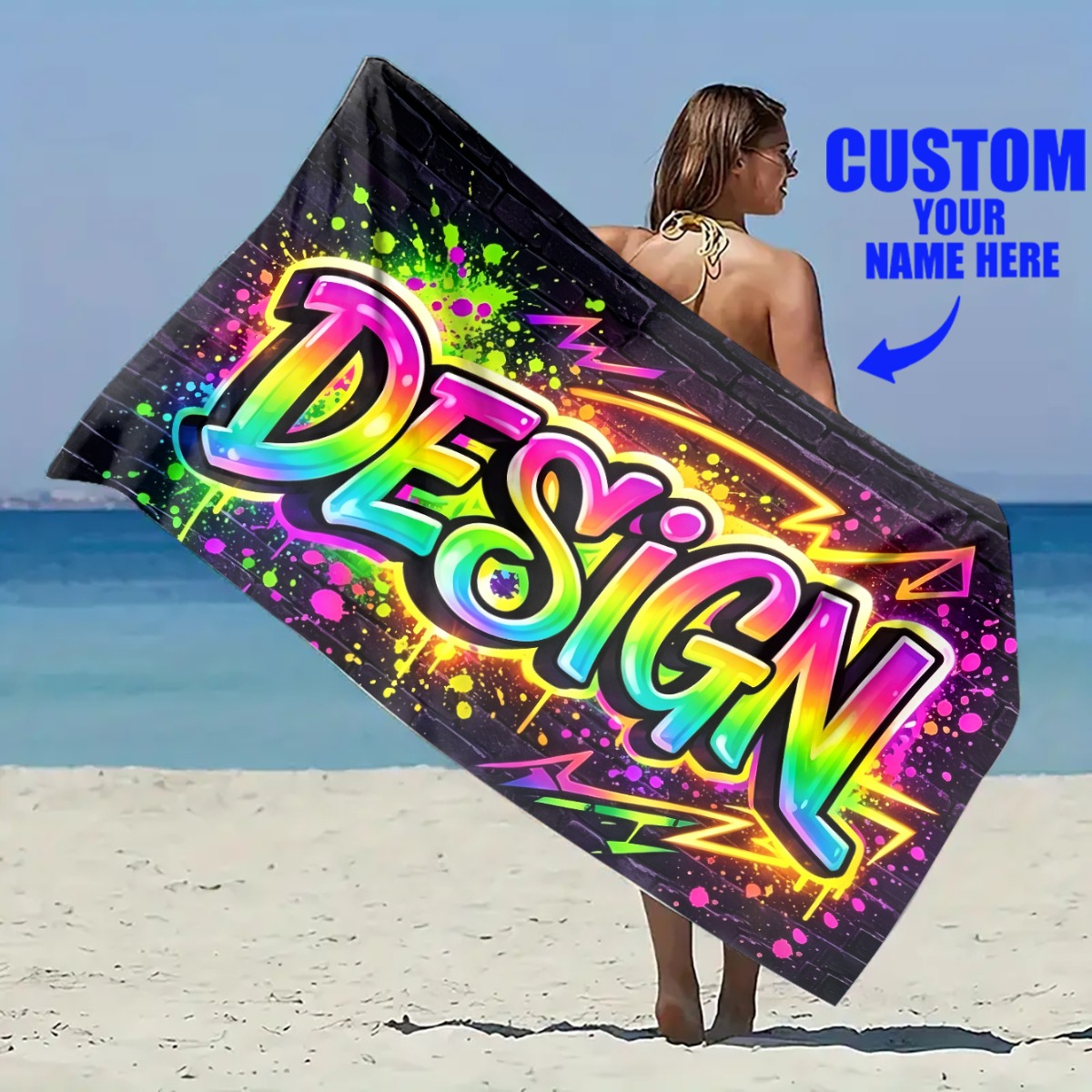 TEMU 1pc Customizable Name Neon Gradient Graffiti Style Printed Quick-dry Beach Towel, Skin-friendly Soft And Absorbent Non-pilling, High-definition
