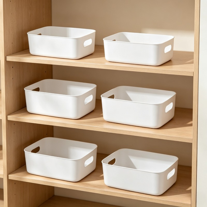 TEMU 6pcs Stackable Plastic Storage Boxes | Hollow Handle Portable Storage Baskets With Handles And Stackable Design - Suitable For Office Supplies,