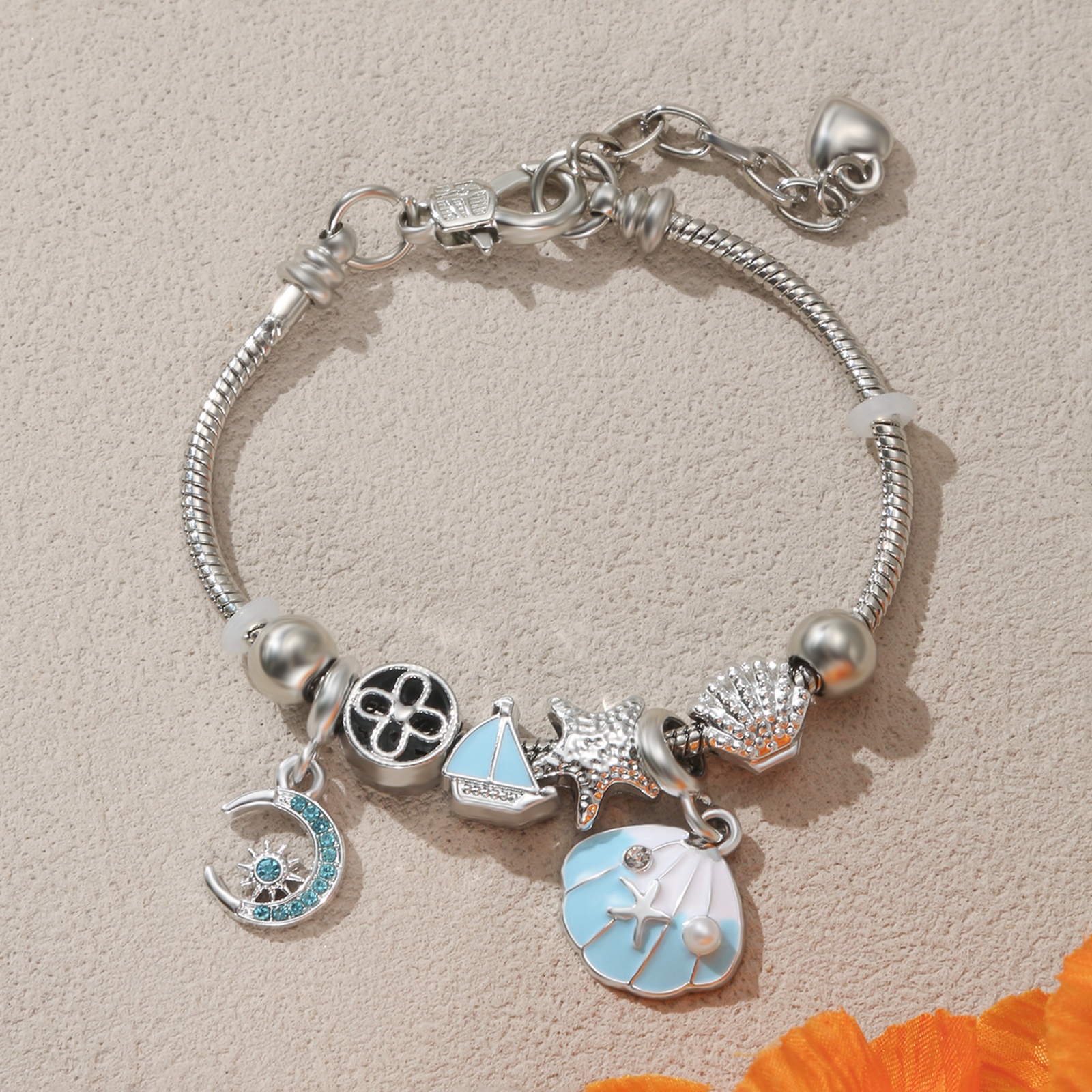 Image of Silvery Charm Bracelet Women Shell Starfish Pendants Synthetic Zirconia Stainless Steel Gift