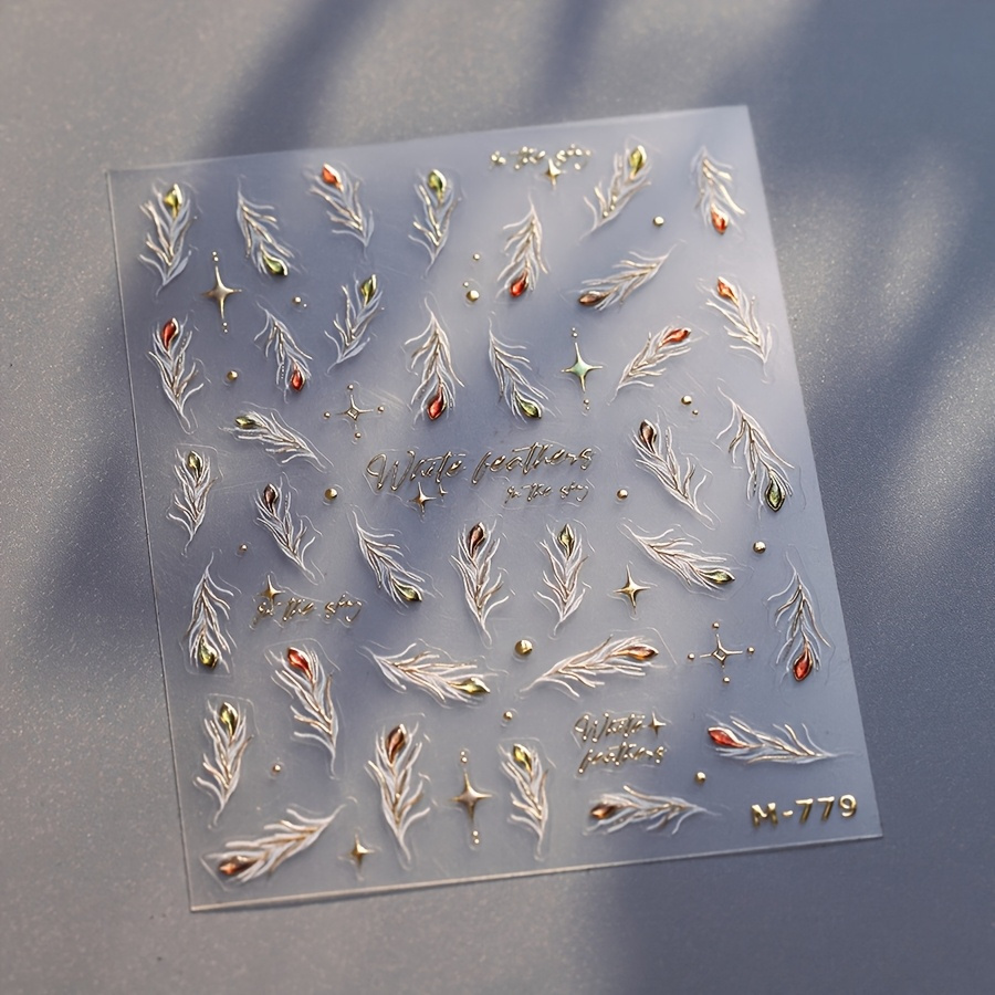 Image of 1pc 5d Embossed Feather Nail Art Stickers With Colorful Rhinestones, Featuring Chic Self-adhesive Sliders And Holographic Designs For Easy Nail Decoration