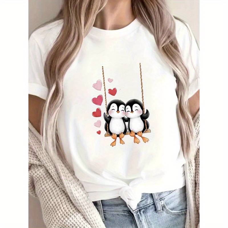 

Women's Cute Penguin Swing Graphic T-shirt - Green Short Sleeve Crew Neck Casual Top With , Soft Polyester For , Penguin Gifts