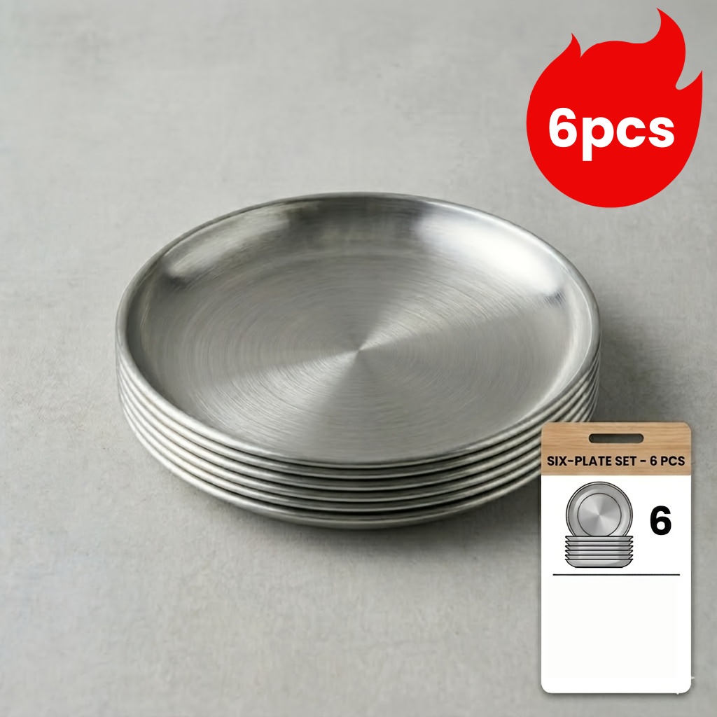 TEMU 6pcs Set Of Thickened Plates For Sushi, Barbecue, Grilled Meat, Fruit, Desserts, Round Stainless Steel Dinner Plates, Small Dishes, Tableware >