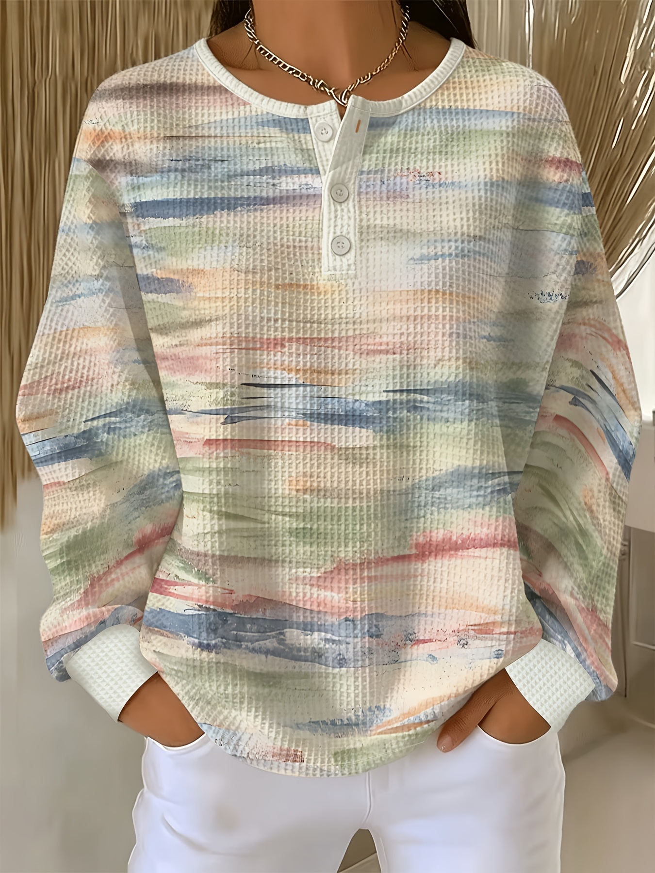 item picture womens waffle henley shirt button long sleeve   color ink   gradient stripe   top