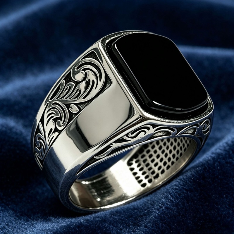 TEMU 's Fashion Black Faux Ring, Engraved Flower Border For Daily Wear, Holiday Gifts, And Additions For Genders