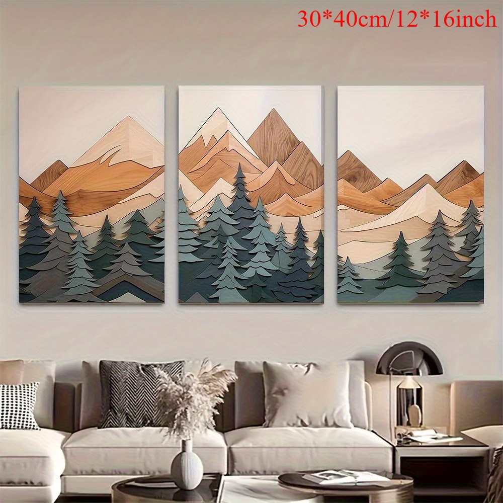 TEMU Tableaux 2D Plats, Lakelzdecor Ensemble de 3 Pièces d'Art Mural sur Toile Encadrée - Grands Rustiques de Panneaux en Bois de Montagne et de