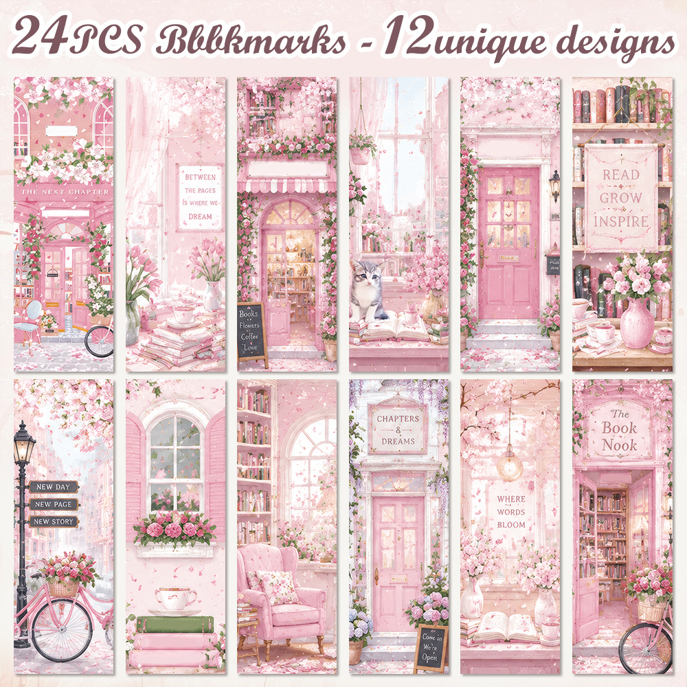TEMU 24pcs Pink Floral Bookstore And Cozy Reading Nook Bookmarks, 12 Aesthetic Cherry And Cat Page Markers, Perfect Additions For Book Lovers And