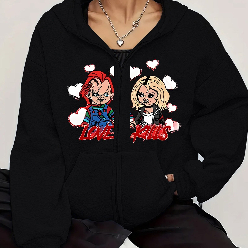 

Women's Trendy Cartoon Love Heart Hoodie With Kangaroo Pocket - Casual Zip-up Jacket, Stretchy Polyester , Machine Washable