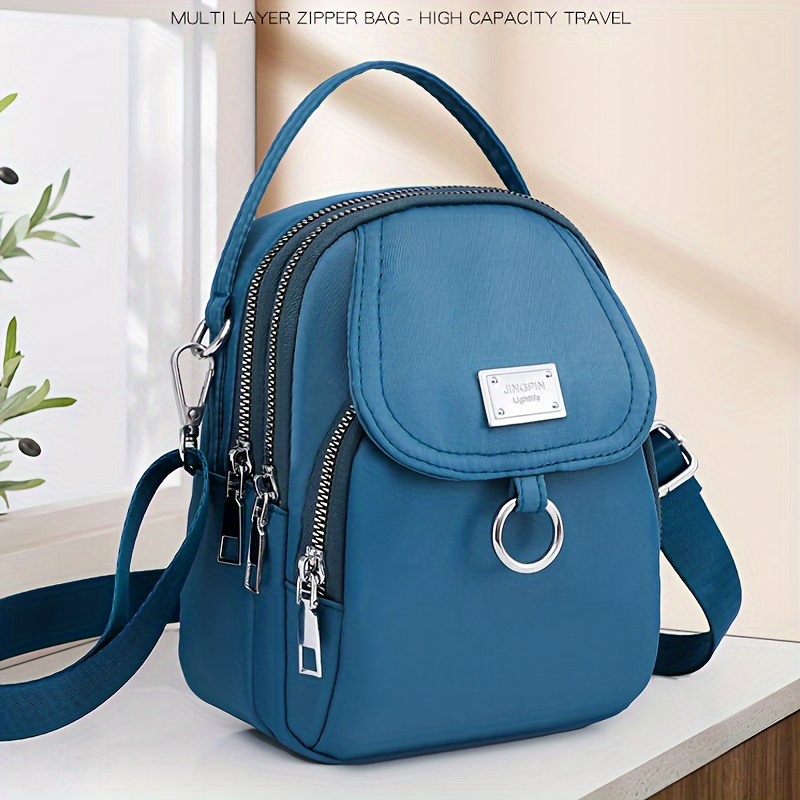 lightweight nylon womens messenger bag casual mini handbag with multi zipper compartments detachable adjustable shoulder strap front pocket   in lavender black dark purple grey brown sapphire blue small crossbody bag versatile travel purse secure zipper closure details 7