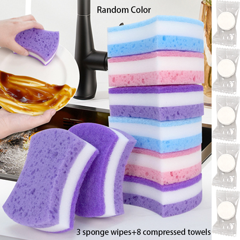 TEMU 11pcs Set: High-value, Extra Large, Extra Thick Dishwashing Sponges (3 Sponges + 8 Compressed Towels). Features A Random-color, Double-sided