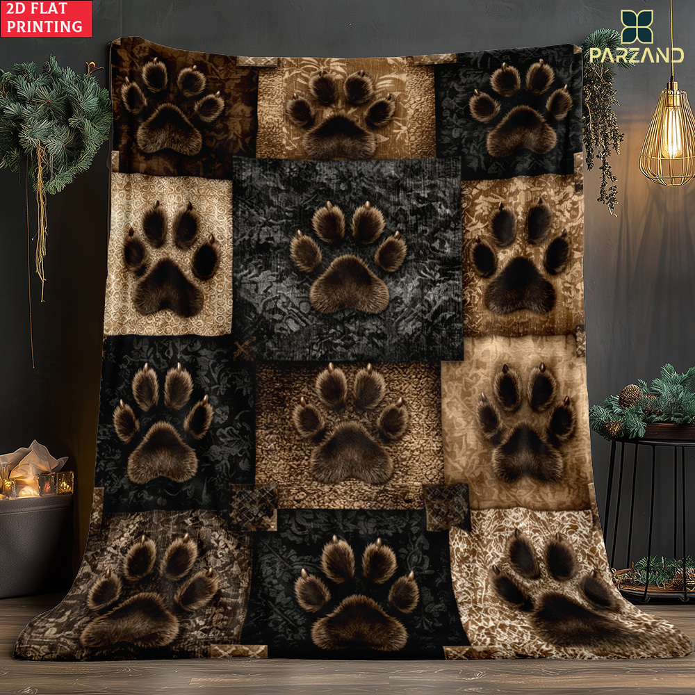 TEMU 2d Flat Single-piece Black Paw Print High-definition Printed Blanket. Soft And Warm Flannel Blanket, Suitable For Travel, Camping, Sofa, Living