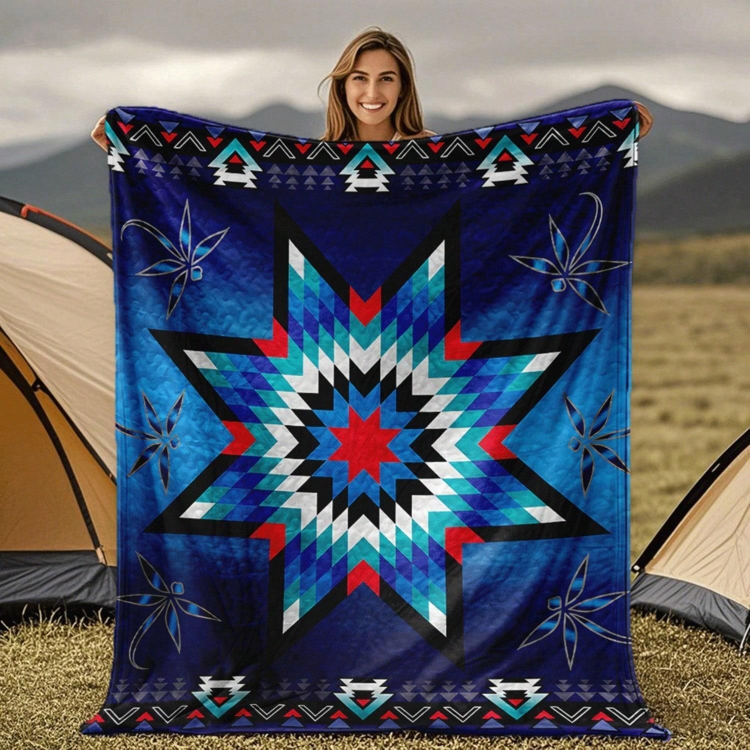 TEMU Quilted Flannel Blanket - A Versatile Southwestern Bedspread Featuring Star Patterns In Turquoise, , Navy Blue, Black, White, And Gray, Suitable