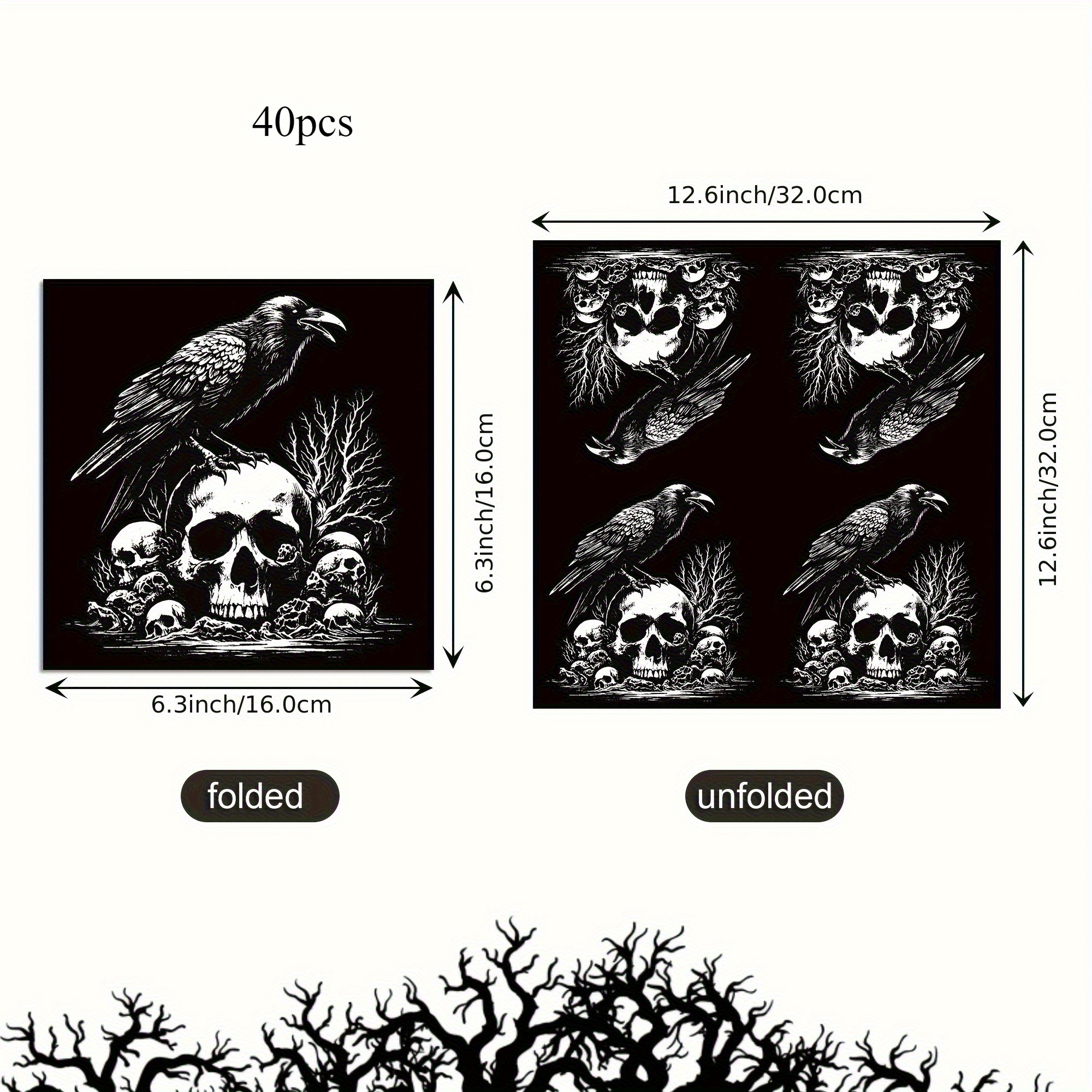 E-shop 40 Einweg-Party Servietten mit Totenkopf- und Krähenmotiven für Halloween, für festliche Heimdekorationen und Geschenke. Geeignet für