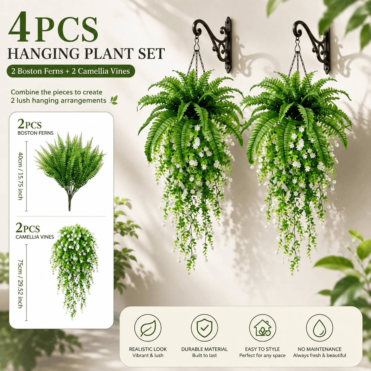 TEMU Persian Fern Lily Pendant Artificial Flower 4pcs Set, Suitable For Indoor And Outdoor Hanging Decoration, Can Decorate Courtyards, Parties,