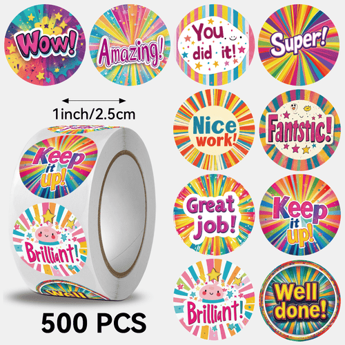 500pcs encouragement stickers round cartoon embroidered glossy self paper stickers for plastic mixed colors