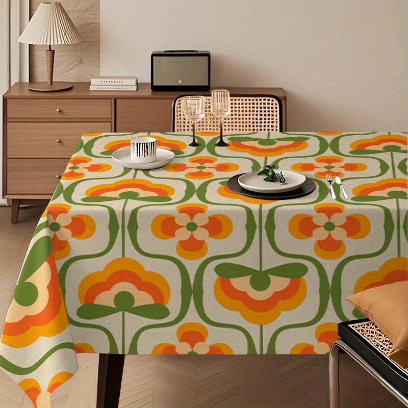 TEMU 1pc Vintage 70s Tablecloth With Orange And Green Floral Pattern, Suitable For Dining Rooms, Living Rooms, Parties, And Picnics. Mid-century
