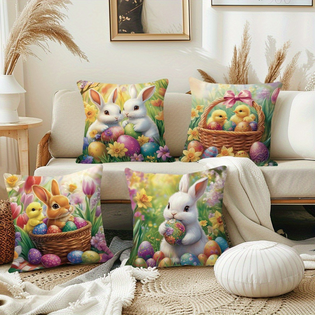 TEMU 4pcs, Short Fleece Soft Rabbit Theme Pillow Cover, 18 Inches * 18 Inches, Easter Rabbit Chick Flower Pattern Decorative Cushion Cover, Zipper
