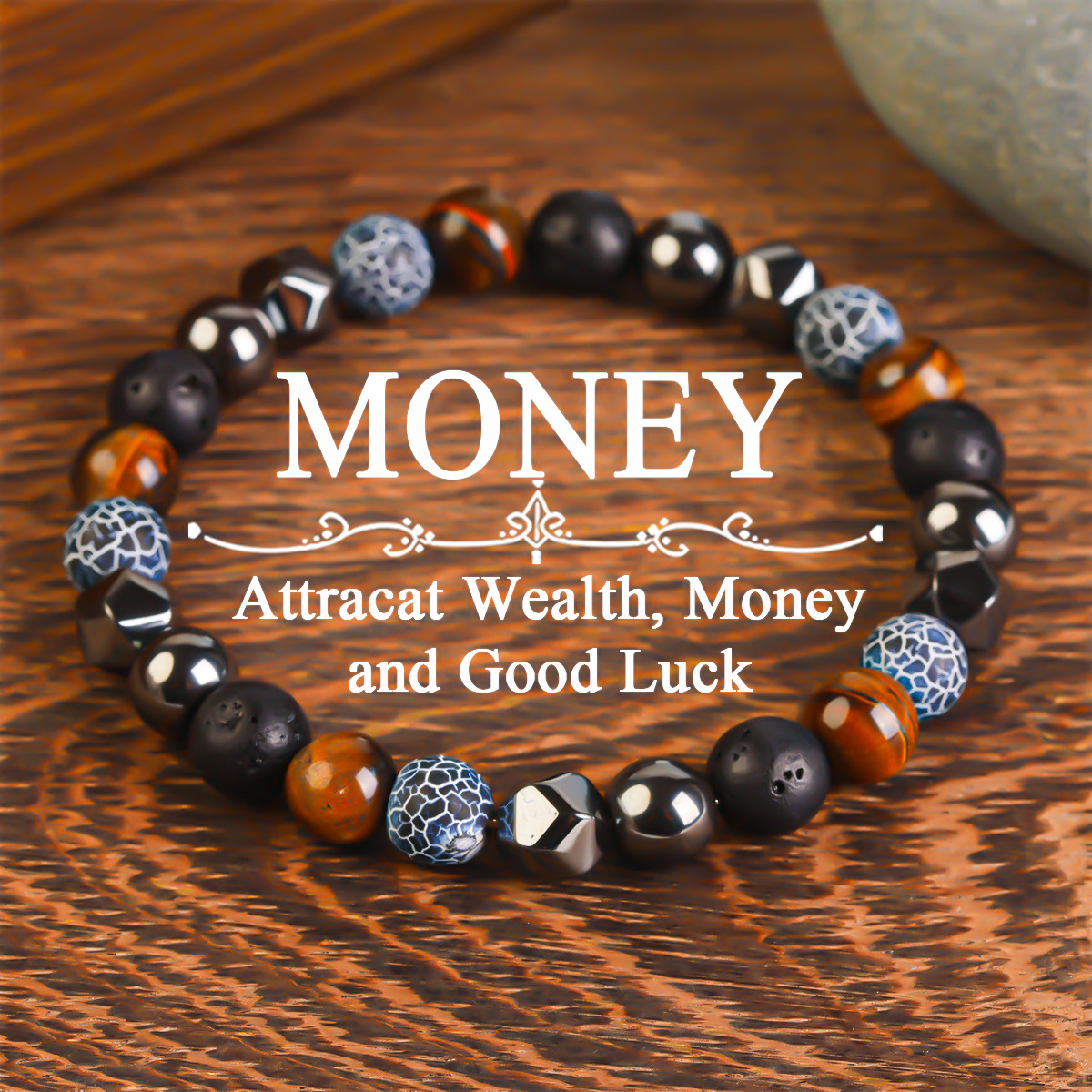 TEMU 1pc Wealth Bangle Bracelet, Made Of Weathered Stone And Handmade, Bringing And Hematite Men's Jewelry, Suitable For Daily Wear, Retro Fashion