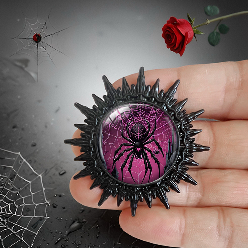 TEMU A Stylish Pink Spider Web Illustration Glass Black Brooch For Decorating Bags And Clothing, Perfect As A Gift
