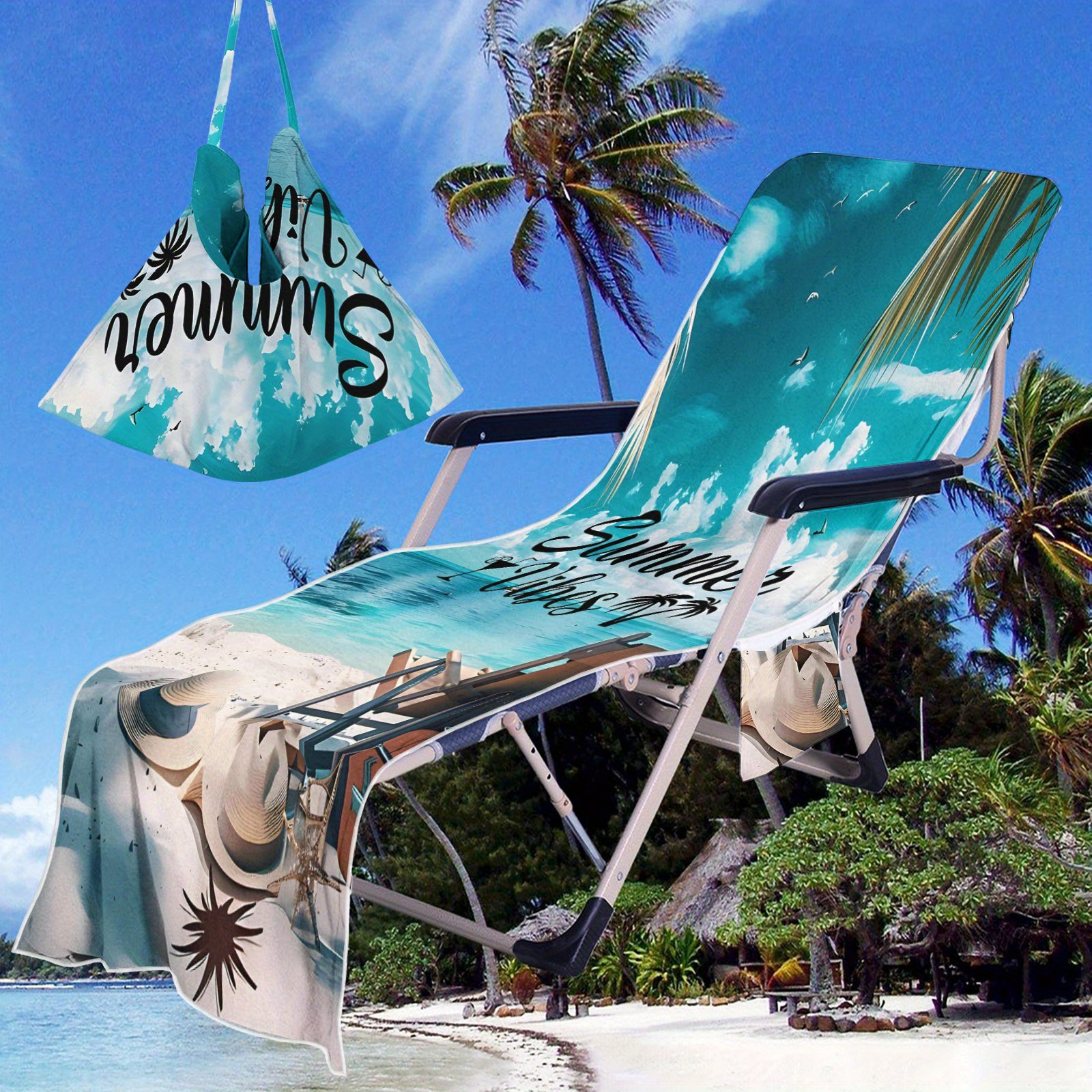 E-shop 1 Stück Sommer-Strandtuch mit Tasche – Weiches Mikrofaser, Tropische Palmen & Wellenmuster, Leicht und Tragbar für Pool, Strand, Reisen –