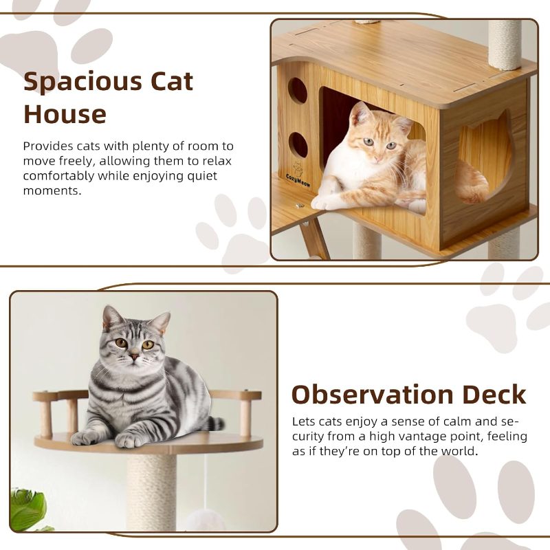 Large Modern Light Oak Cat Tree for Indoor Cats - Multi-Level Cat Condo with Scratching Tower, Hanging Ball & Basket, Thick Durable Panels Suitable for Large Spaces, Multi-Cat, Climbing Furniture for Kittens and Cats - Image 8