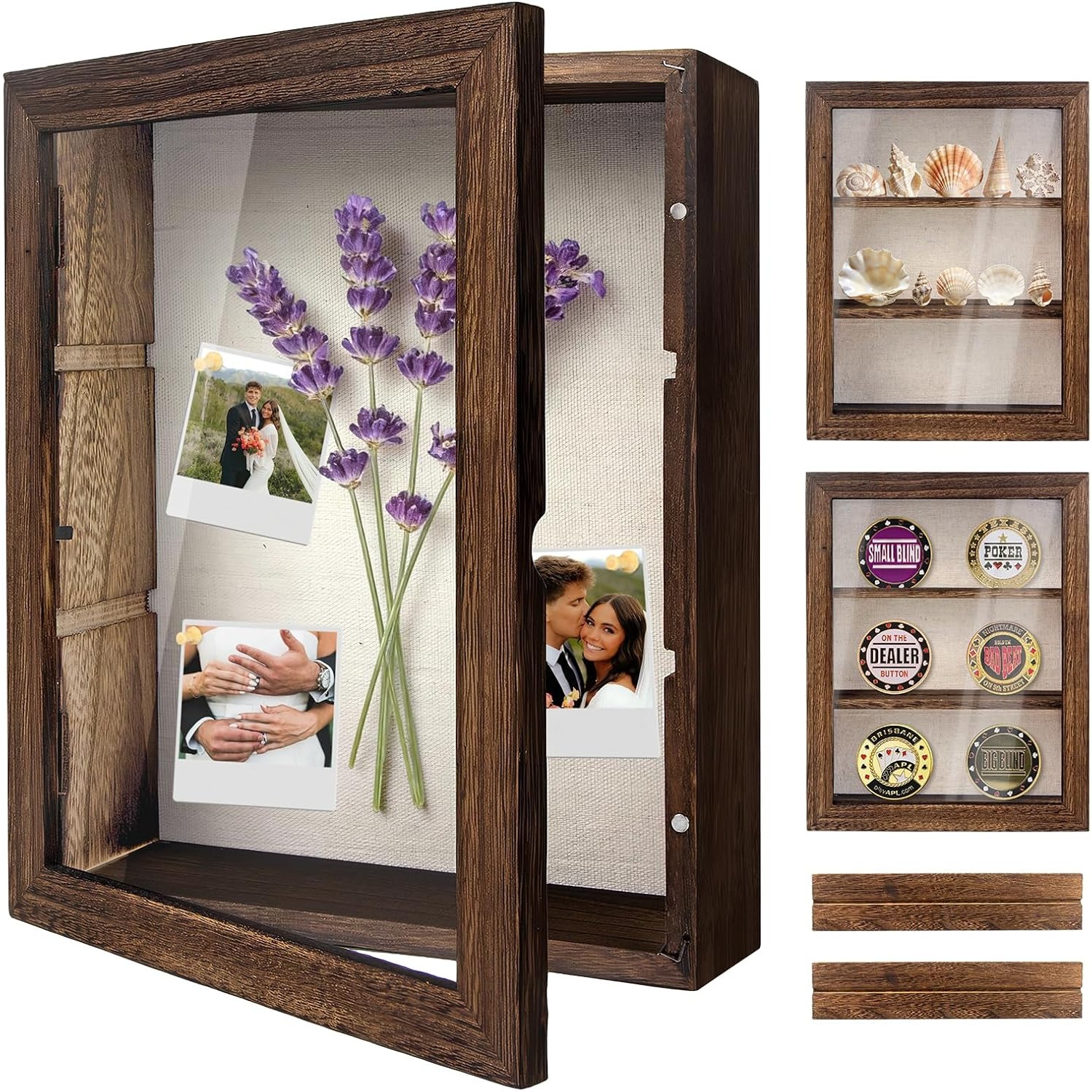 Shadow Box Picture Frame 8x10, Wooden Shadowbox Frame with Linen Back and Removable Shelves, Memory Display Case for Wedding Bouquet, , Medals Women, Mothers or Grandmothers. Valentine's Day Gift