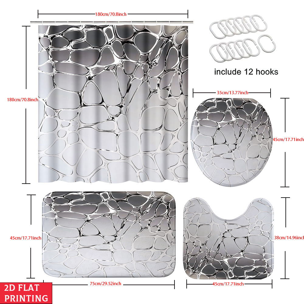 4pcs Silver Textured Pattern Shower Curtain Set with Bath Rug
