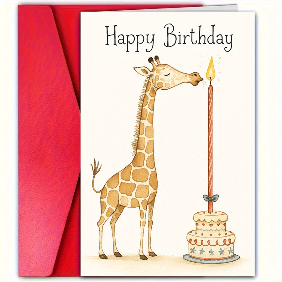 1 Adorable Giraffe Birthday Card With Cake And Candles - "happy Birthday" Greeting Card, Suitable For , Blank Inside, Includes Red Envelope, Perfect For Celebrating Special Occasions, Giraffe Gift