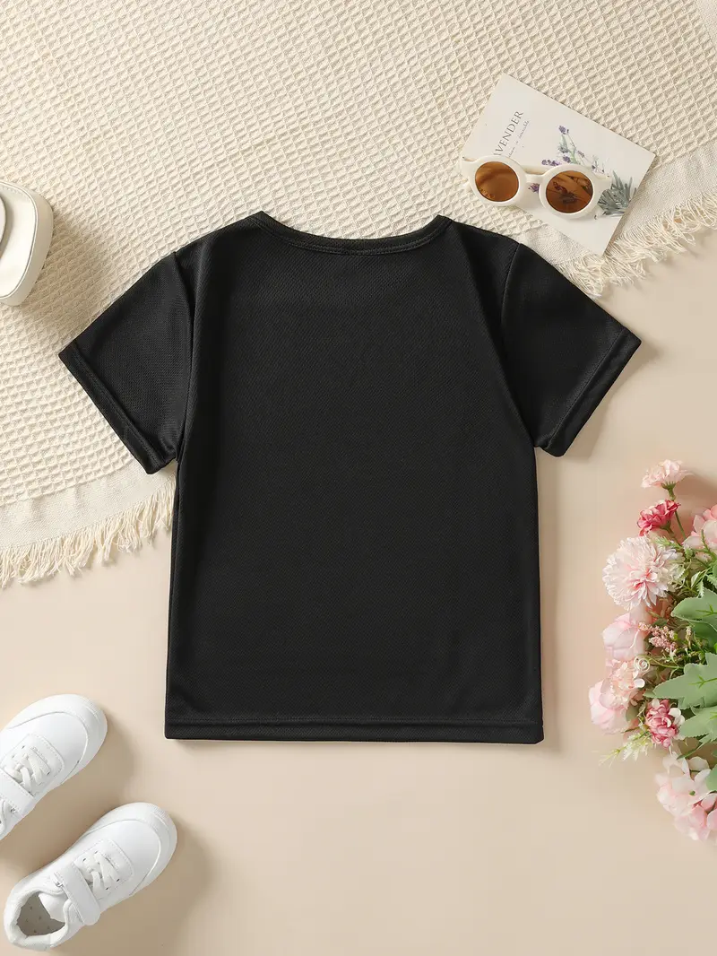 girls black white cat print t shirt cute face paw print round neck short sleeve top loose fit casual casual attire for girls playtime outfits hand washable cat lovers summer fashion with print relaxed day wear ideal for layering or solo wear suitable for s Product details 1