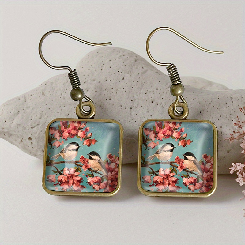 TEMU 1 Pair Chickadees Square Earrings Retro Glass Dangle Earrings Handmade Jewelry Gift, Without Battery