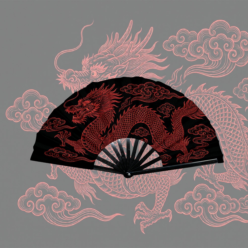 TEMU 1pc Chinese Dragon And Clouds Theme Folding Fan - Wedding Party Decoration, Home Decoration Gift, With Vivid Printed Patterns, Portable And