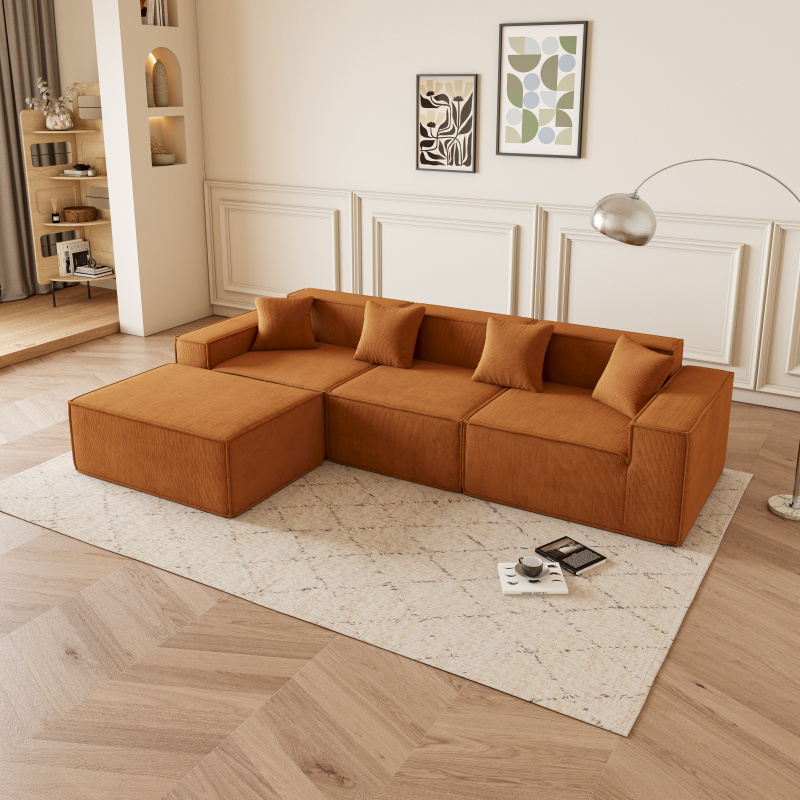 1 stuk moderne oranje modulaire l-vormige hoekbank met omkeerbare chaise, diepe zitkussens, comfortabele gestoffeerde stoffen bank voor wonen, ruimtebesparend appartementmeubilair, schuim-katoenen interieur, eenvoudige montage details 2