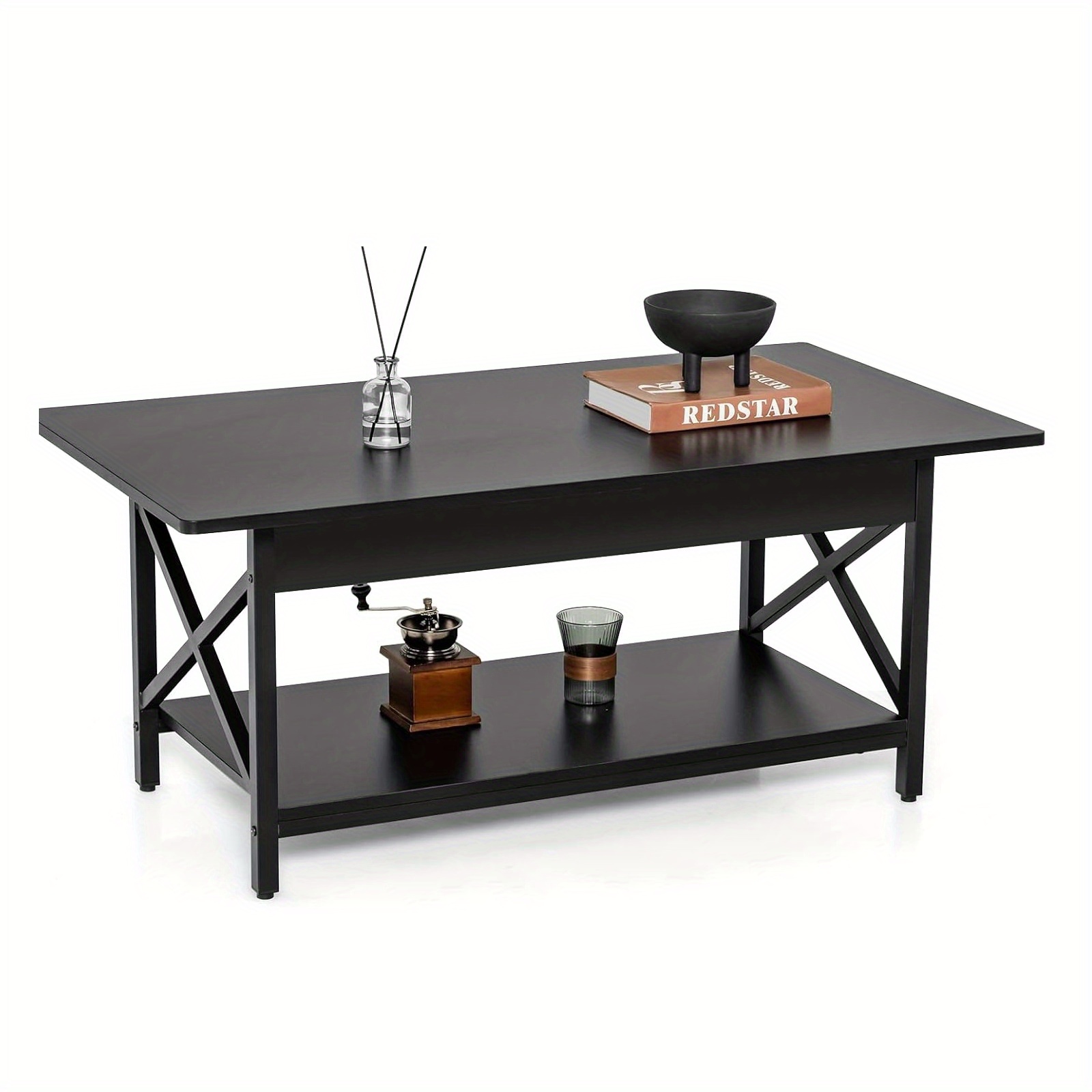 Rectangular Coffee Table With A Storage Shelf, Featuring A Sturdy X-shaped Design