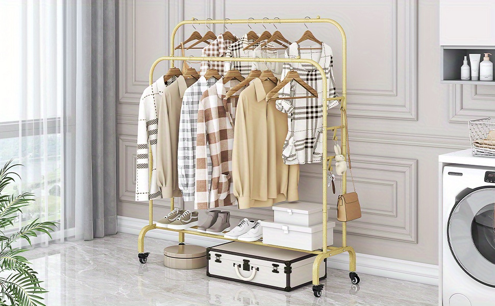   iron double rods garment rack with wheels freestanding multi functional clothing organizer portable clothes hanger with 4 hooks with no electricity required for closet storage details 8