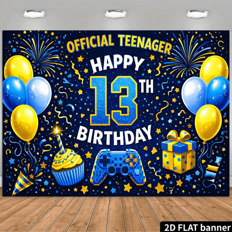 TEMU 2d Flat Spray Can Theme Backdrop, Featuring Spray Cans, Sneakers, Game Controllers, Radios, Lightning, Stars, Musical Notes, "happy 13th