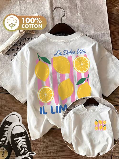 double sided printed fashion casual womens top for spring and summer featuring lemon vita print round neck and made of pure short sleeve t shirt