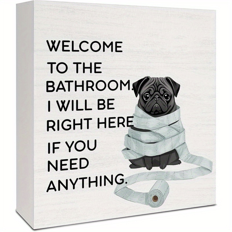 TEMU Panneau en bois humoristique 2D - Un design plat d'un bouledogue noir, parfait pour décorer votre salle de bain ou votre comptoir de toilettes.