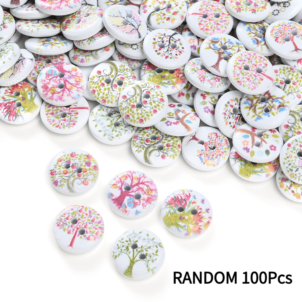 TEMU 100pcs Vintage Colorful Star Tree Print Art Decorative Buttons, 15mm Wooden Two-hole Buttons In Random Colors, For Daily Sewing Decoration, Diy