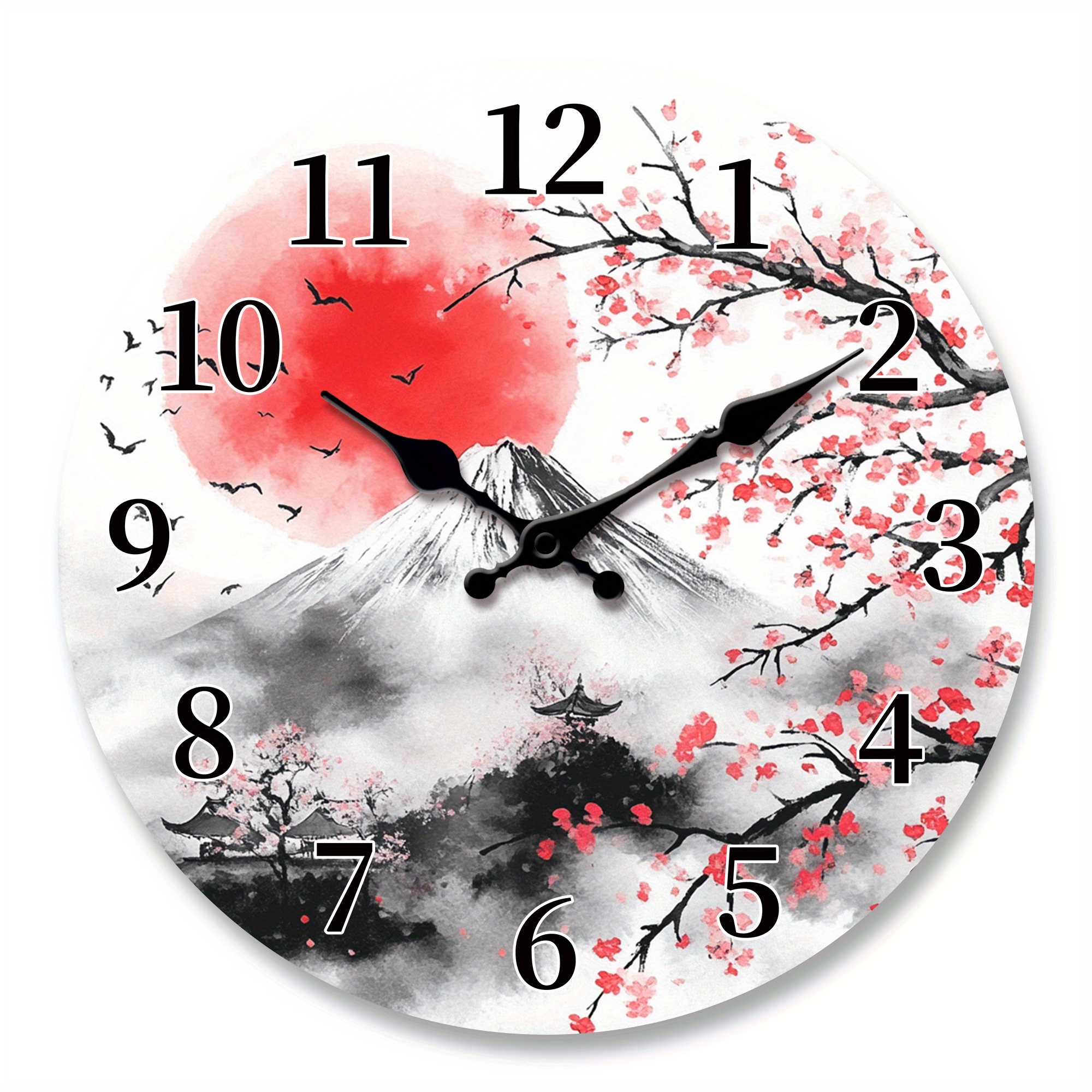 a wooden wall clock designed with natural landscapes featuring elements of   and cherry   its a silent clock suitable for decorating the living room bedroom kitchen and office serving as   art decor