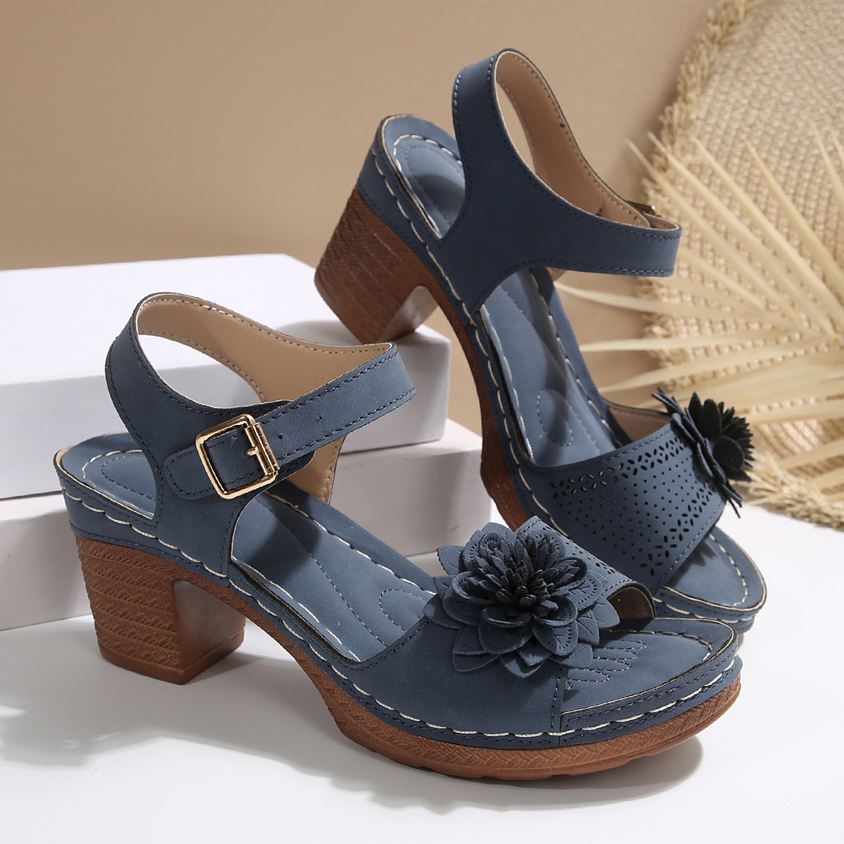 Women's Thick Heel Sandals, Open Toe with Buckle and Thick Sole, Solid Color Artificial Covered Upper, Women's Floral Sandals
