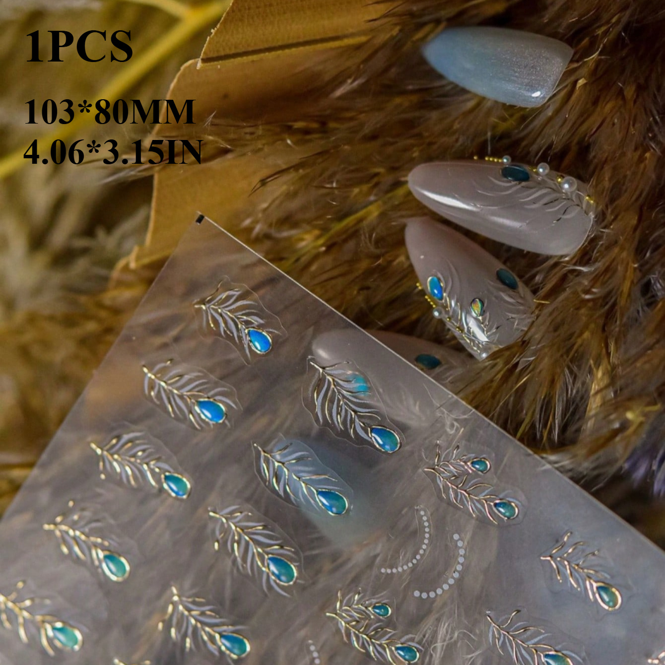 Image of 1pc 5d Nail Stickers Featuring Beautiful Blue Sparrow Feather Wings, Peacock Designs, Jelly Stars, And Self-adhesive Nail Art Decals