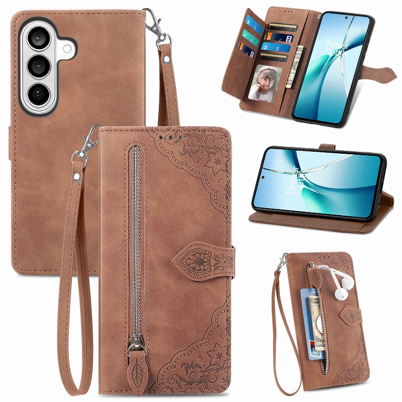 TEMU Phone Case - Brown Exquisite Embossed Lace Forest Language Single Fold Zipper Bag Protector, With Same-color Hanging Rope Anti-fall Anti-theft